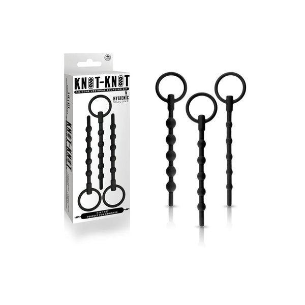 Knot Knot urethral sounding kit in Black, three beaded sounds with rings, beside its box
