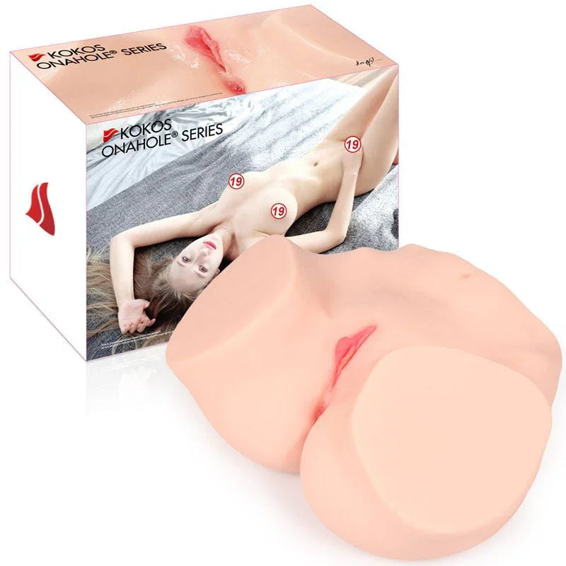 Kokos Big Hip Hanna 001 masturbator in Flesh beside its Kokos Onahole Series box