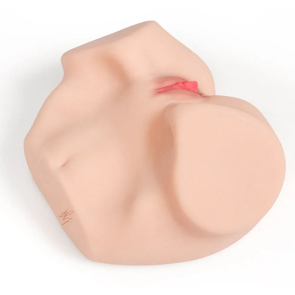 Maria 003 masturbator tipped up on white, showing the underside and the moulded signature