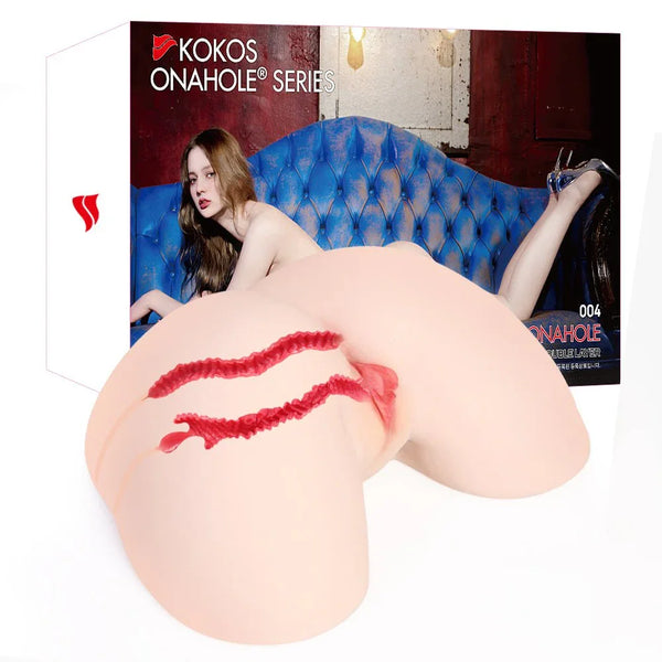 Kokos Big Hip Vanilla 004 masturbator with the red internal canal cutaway, beside its box