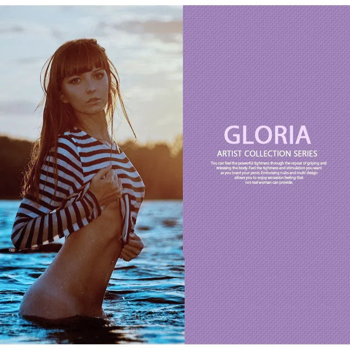 Gloria Artist Collection Series title panel with the model standing in water