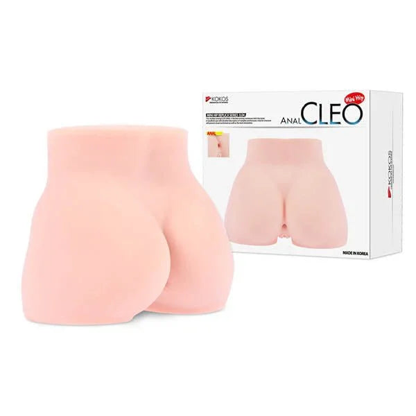 Kokos Mini Butt Cleo anal masturbator in Flesh, moulded buttocks beside its Cleo box