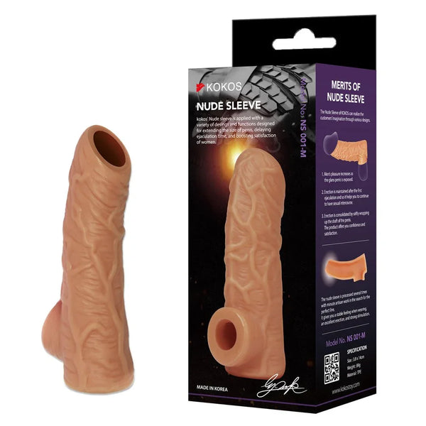 Kokos Nude Sleeve 1 penis extension in Flesh, veined sleeve beside its printed retail box