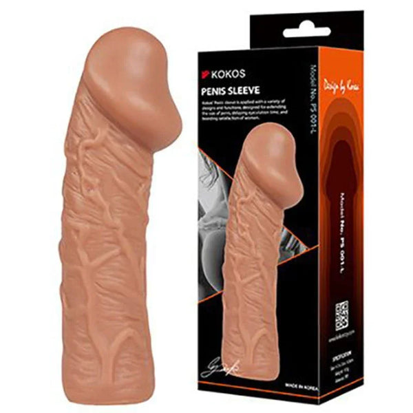 Kokos Penis Sleeve 1 in Flesh, veined extension sleeve beside its black Kokos box