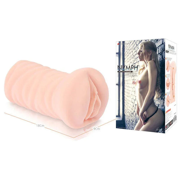 Kokos Nymph stroker beside its box, 18 cm by 9 cm dimensions marked on the sleeve