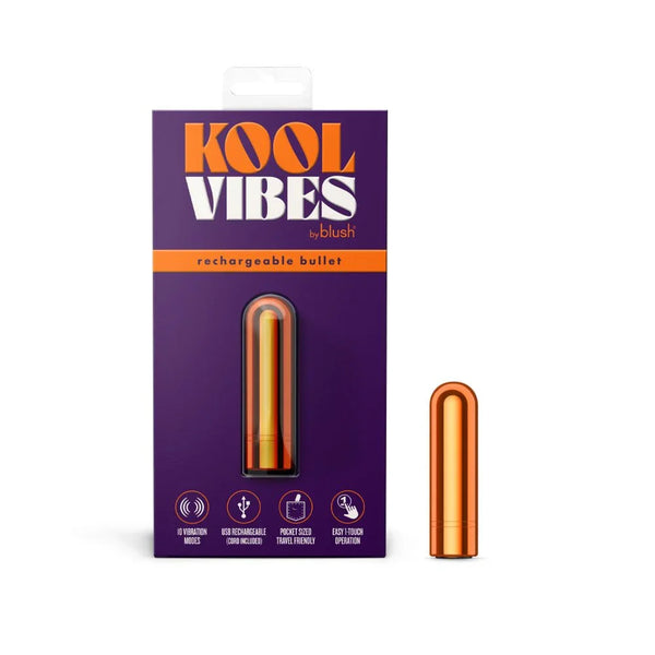 Kool Vibes rechargeable mini bullet in tangerine orange beside its purple retail box