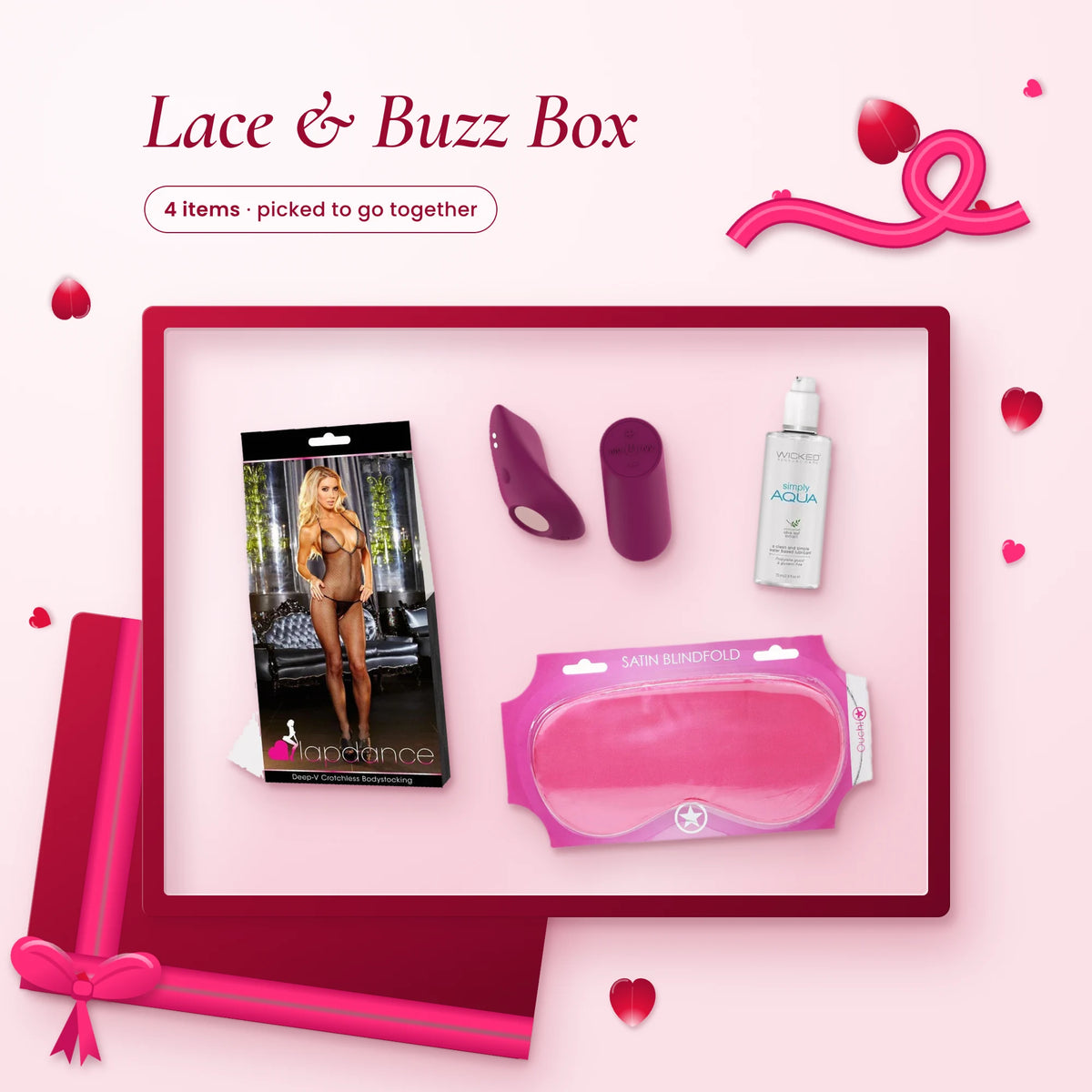 Lace & Buzz Box: a boxed Lapdance bodystocking, purple panty vibe and remote, Wicked lube and a pink satin blindfold