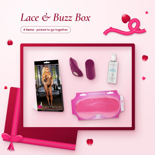 Lace & Buzz Box: a boxed Lapdance bodystocking, purple panty vibe and remote, Wicked lube and a pink satin blindfold