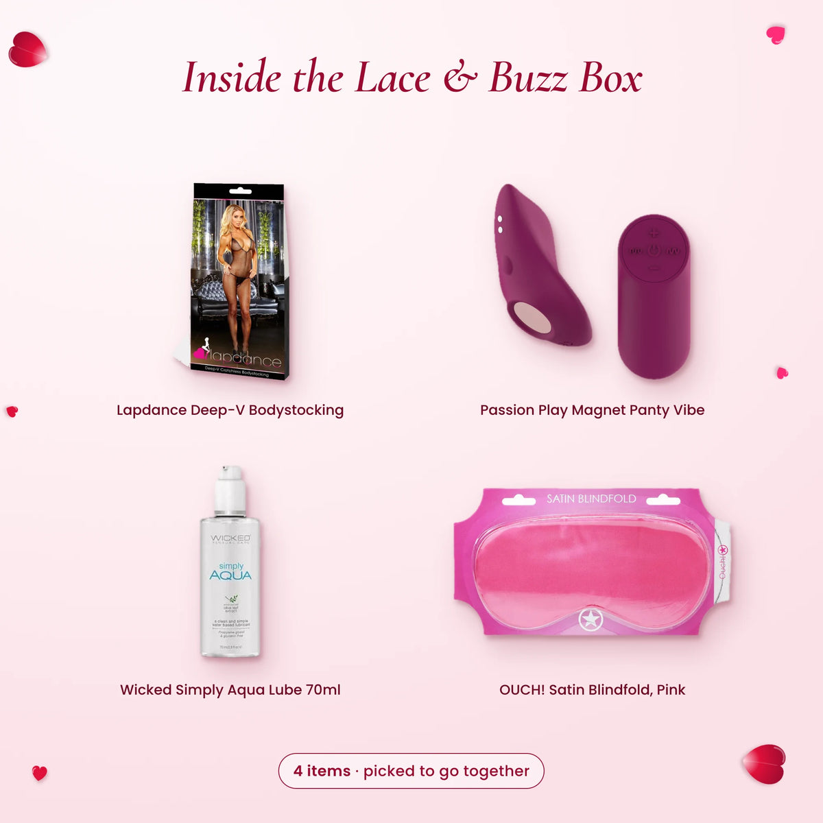 Inside the Lace & Buzz Box: Lapdance Deep-V bodystocking, Passion Play panty vibe, Wicked Simply Aqua lube, pink blindfold