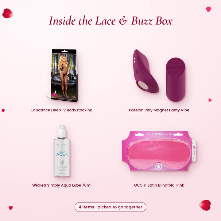 Inside the Lace & Buzz Box: Lapdance Deep-V bodystocking, Passion Play panty vibe, Wicked Simply Aqua lube, pink blindfold