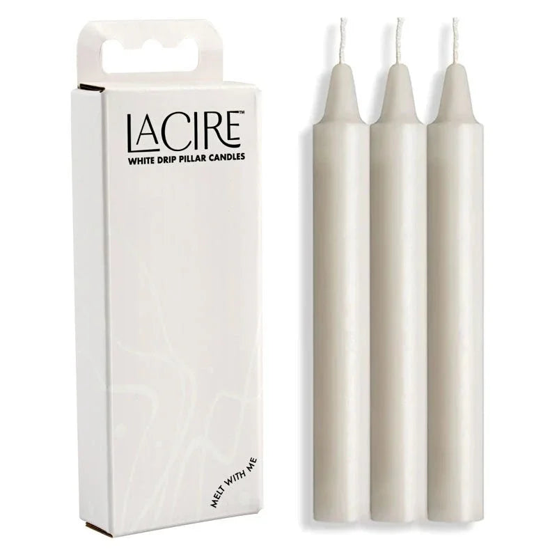 LaCire White Drip Pillar Candles: white carton beside the three ivory candles