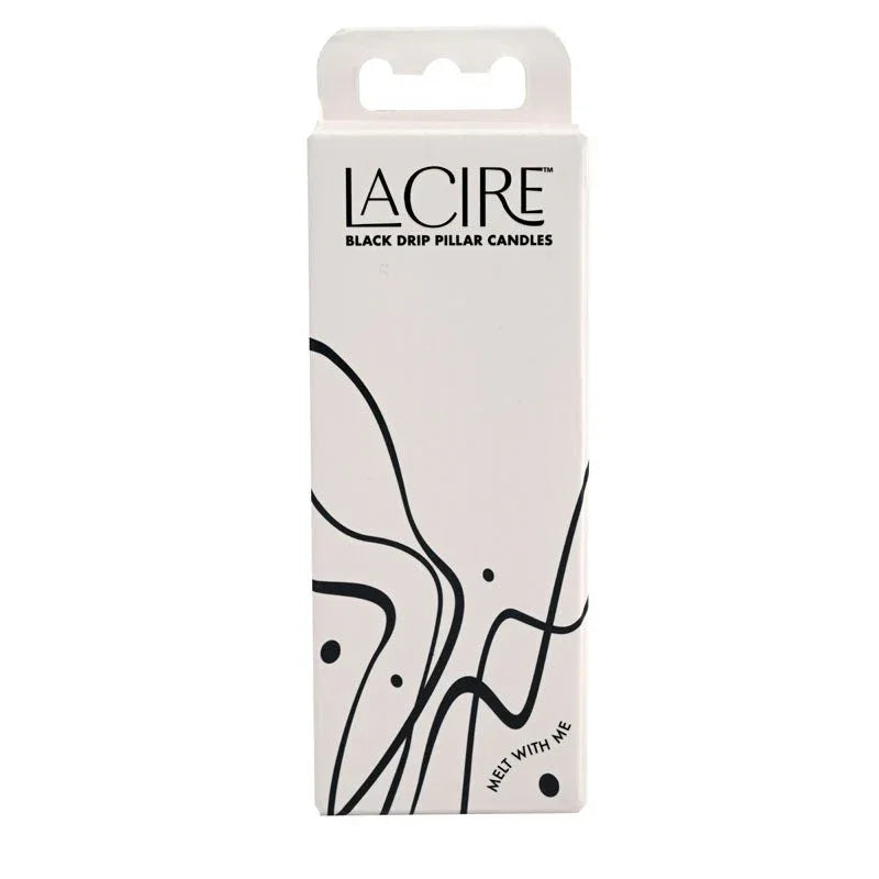 LaCire Black Drip Pillar Candles carton, front of the white box