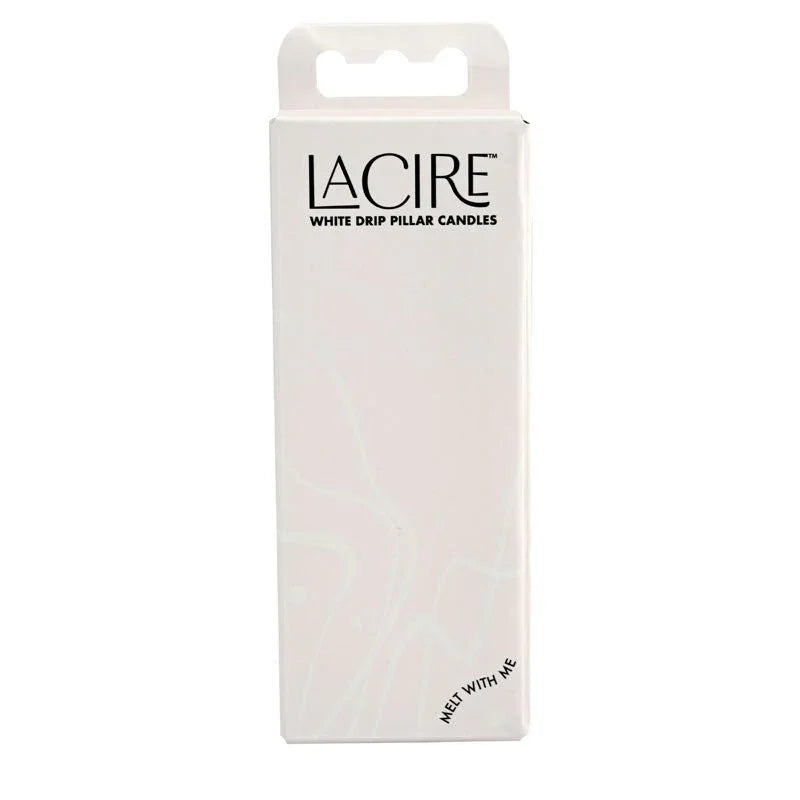 LaCire White Drip Pillar Candles carton, front of the white box