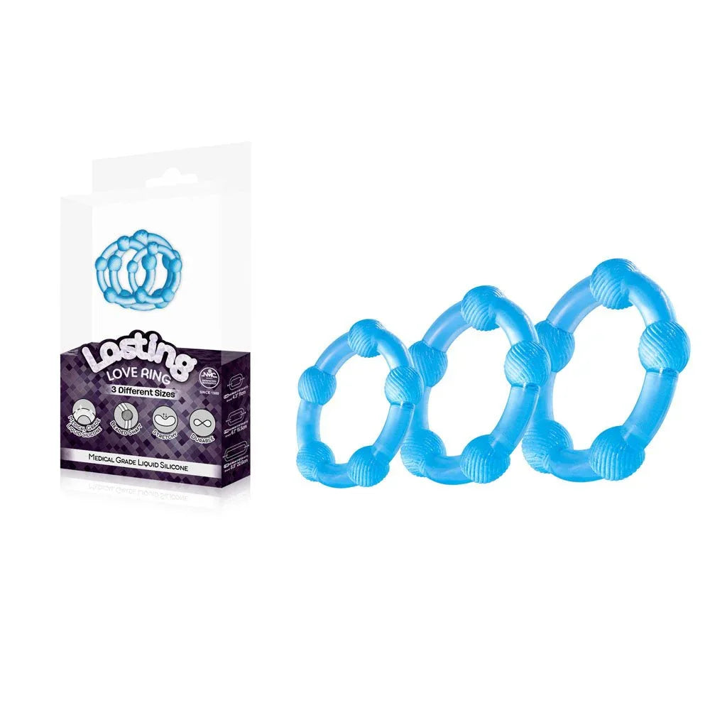 Lasting Love beaded cock rings set of 3 in Blue, graduated trio beside the box