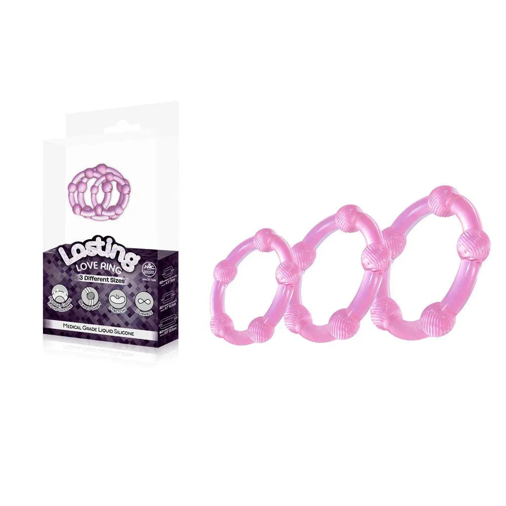 Lasting Love beaded cock rings set of 3 in Pink, three sizes beside the box