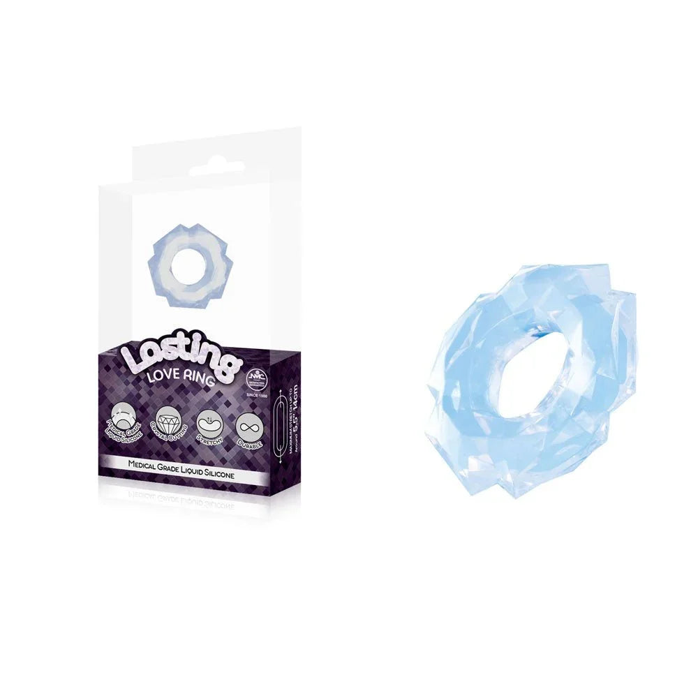 Lasting Love cock ring in Clear, translucent textured ring beside its retail box