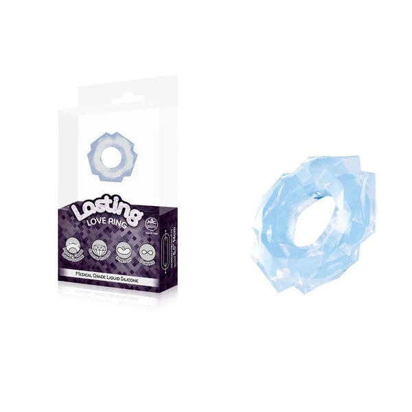 Lasting Love cock ring in Clear, translucent textured ring beside its retail box
