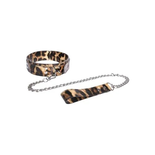 Leopard-print PU collar with silver chain leash and matching handle
