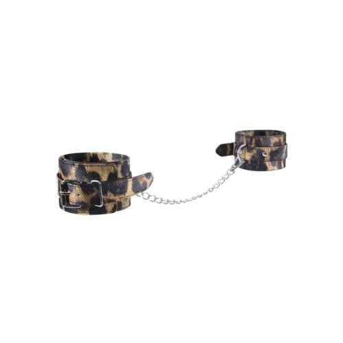 Leopard-print PU ankle cuffs joined by a silver chain