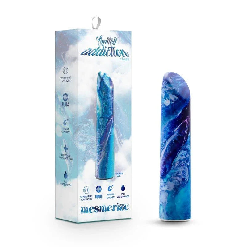 Limited Addiction Mesmerize power bullet in blue marbled silicone beside its retail box