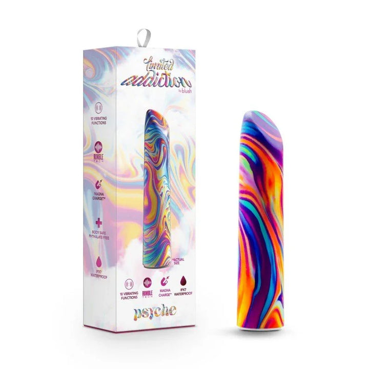Limited Addiction Psyche power bullet in rainbow marbled silicone beside its retail box