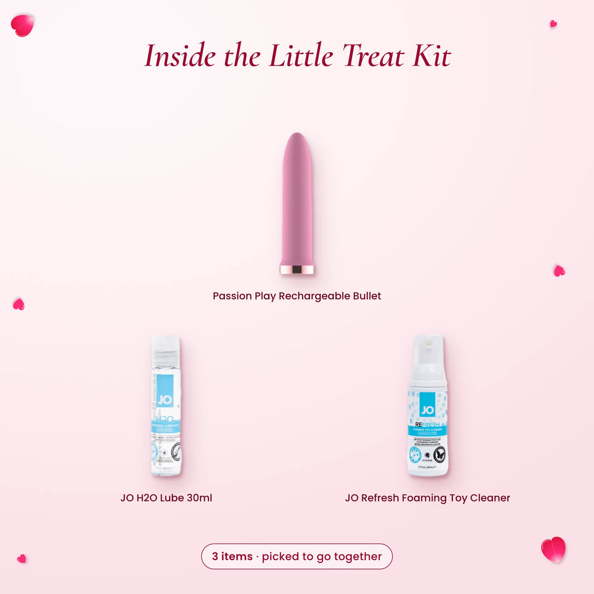 Inside the Little Treat Kit: Passion Play pink bullet vibrator, JO H2O lube 30ml and JO Refresh foaming toy cleaner