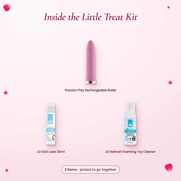 Inside the Little Treat Kit: Passion Play pink bullet vibrator, JO H2O lube 30ml and JO Refresh foaming toy cleaner