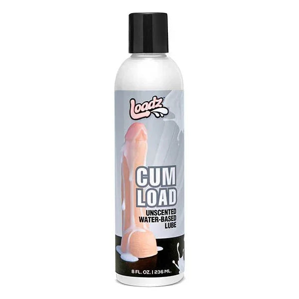 Loadz Cum Load water-based lubricant, 236 ml clear bottle with a black cap and photo label