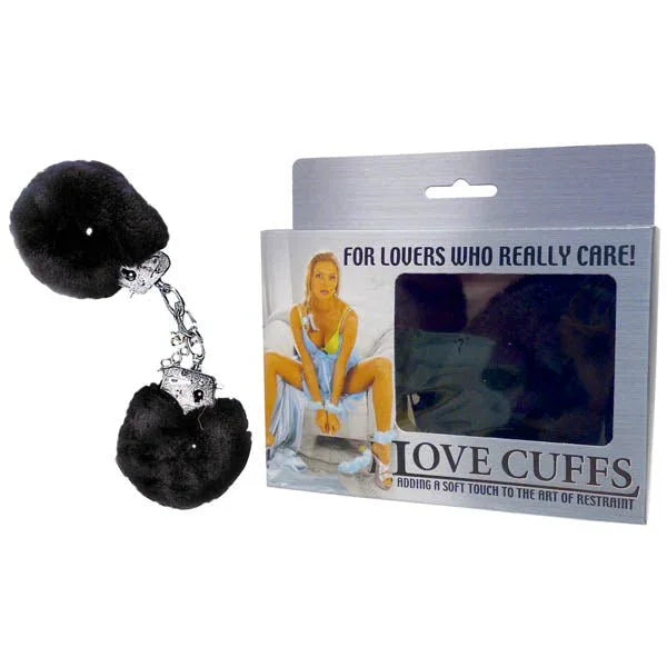 Love Cuffs fluffy handcuffs in Black, beside their Love Cuffs retail box