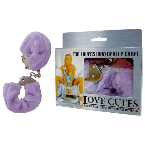 Love Cuffs fluffy handcuffs in Purple, plush metal cuffs beside the box
