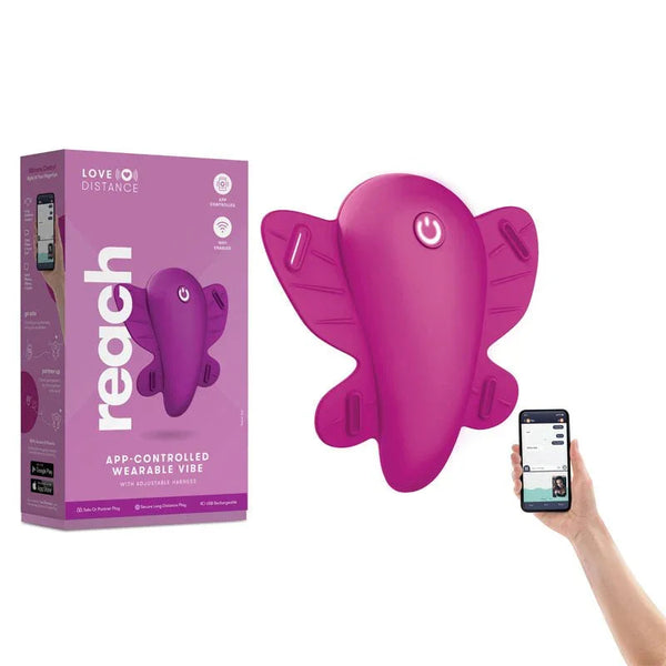 Love Distance REACH wearable vibe in Rose beside its purple box and the phone app