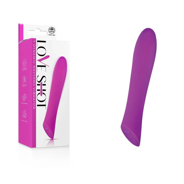 Love Shot 17.8 cm vibrator in Purple, angled bullet tip beside its pink box