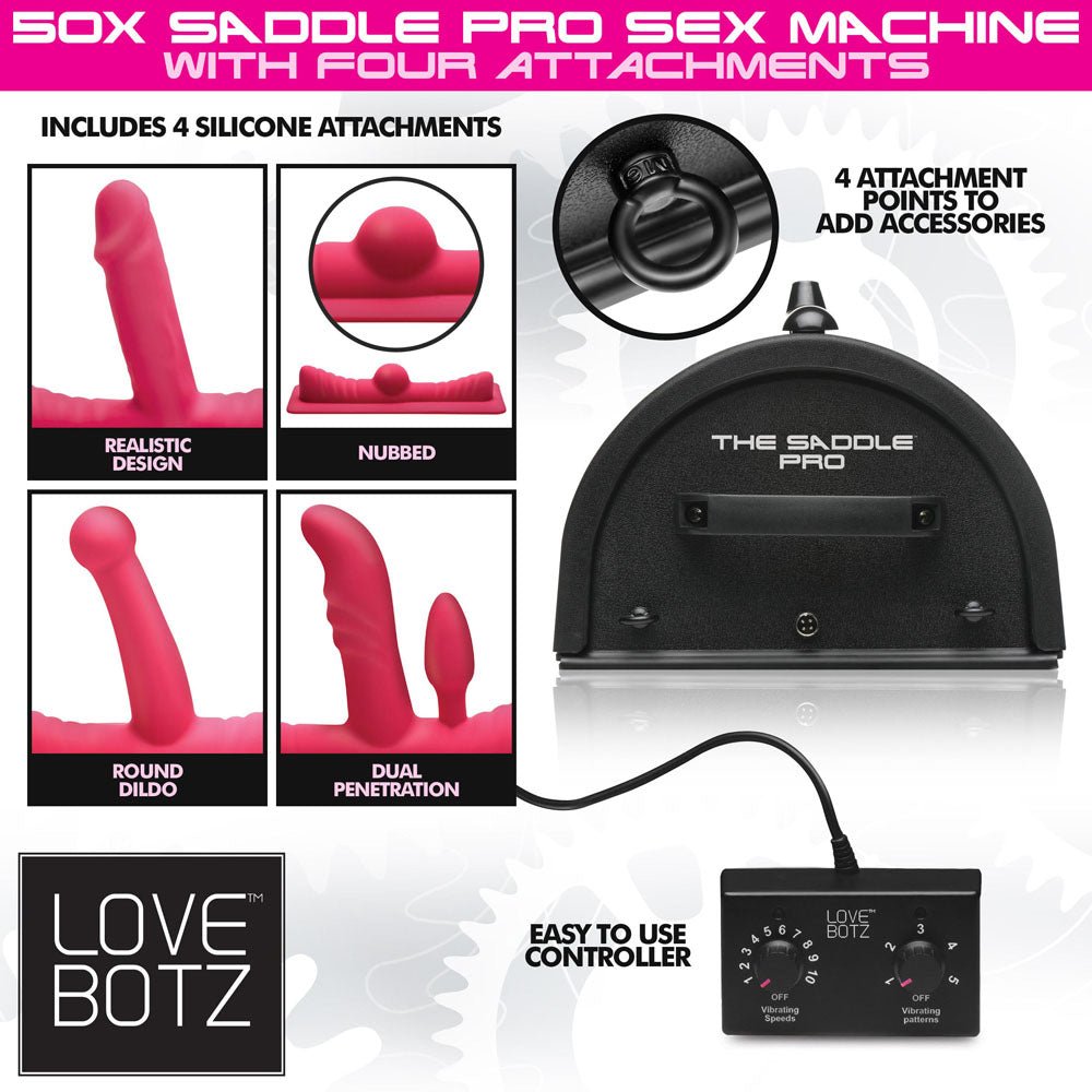 Buy LoveBotz 50X Saddle Pro Sex Machine - Mains Powered Machine with 4 Attachments – Naughtyhut NZ sex toys online. Discreet delivery & top brands.