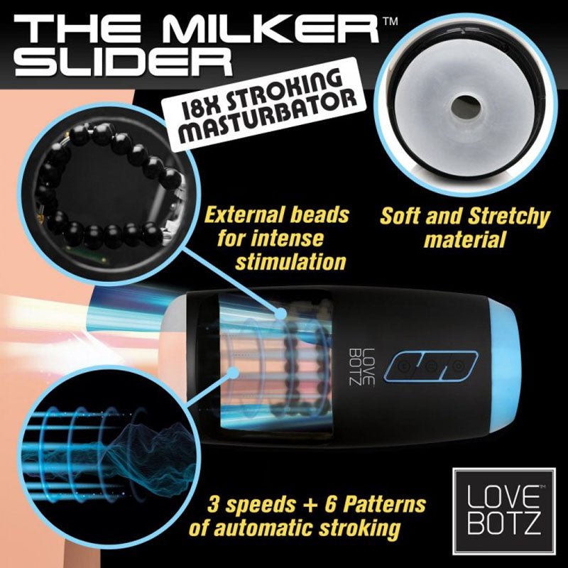 Buy LoveBotz The Milker Slider 18X Stroking Masturbator - USB Rechargeable Stroking Masturbator – Naughtyhut NZ sex toys online. Discreet delivery & top brands.
