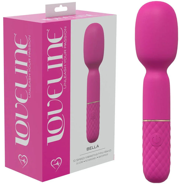 Loveline Bella Mini Massage Wand in Pink, pink retail box beside the quilted-handle mini wand