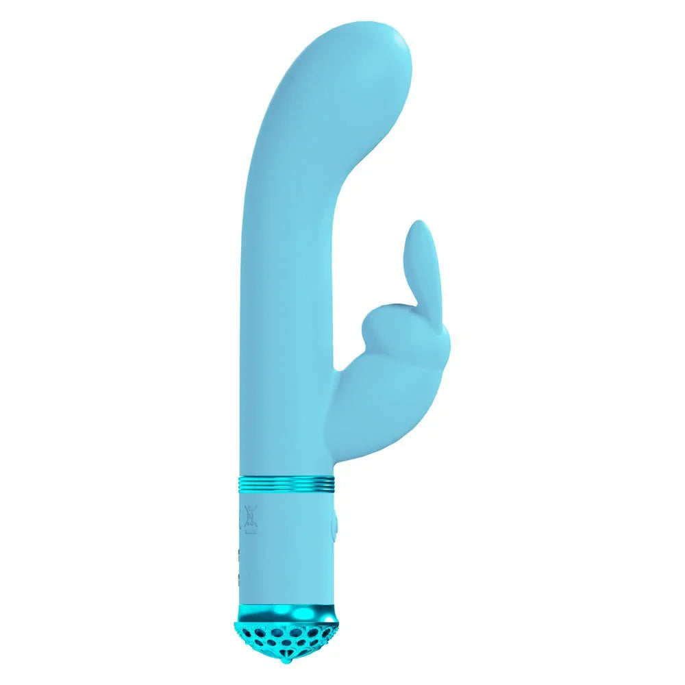 Loveline Belle Rabbit Vibrator in Blue, angled view showing the curved G-spot tip and textured base cap