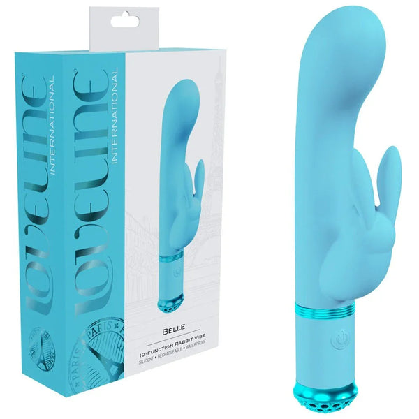 Loveline Belle Rabbit Vibrator in Blue, retail box beside the rabbit vibrator standing upright