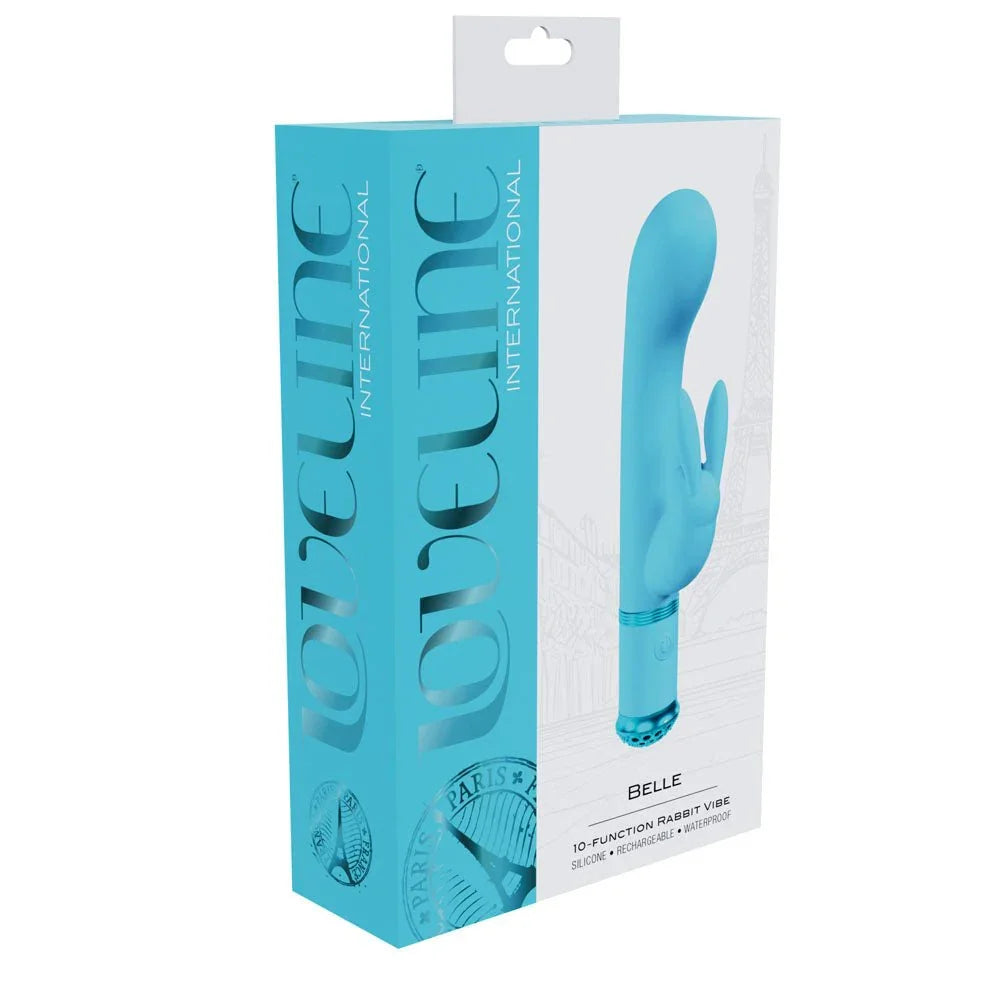 Loveline Belle Rabbit Vibrator in Blue, front of the Loveline International retail box