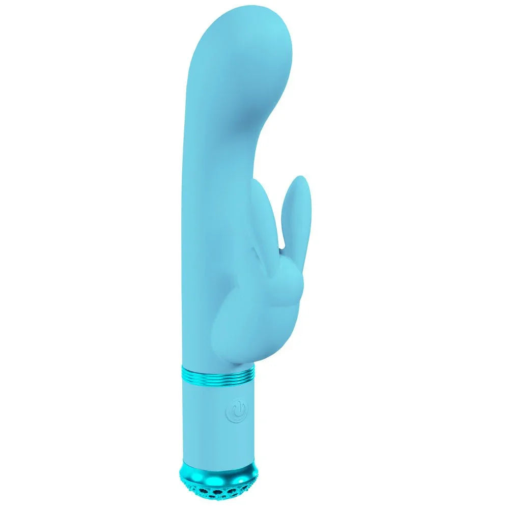Loveline Belle Rabbit Vibrator in Blue, side view of the shaft, rabbit ears and ribbed metallic base