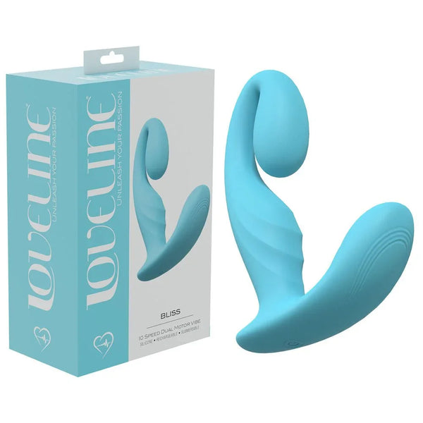 Loveline Bliss Mini Vibrator in Blue, retail box beside the wearable dual-motor vibe