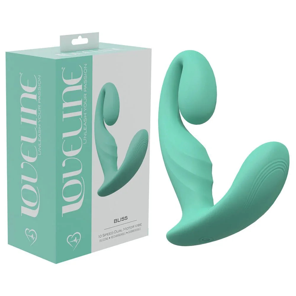 Loveline Bliss Mini Vibrator in Green, mint retail box beside the wearable dual-motor vibe