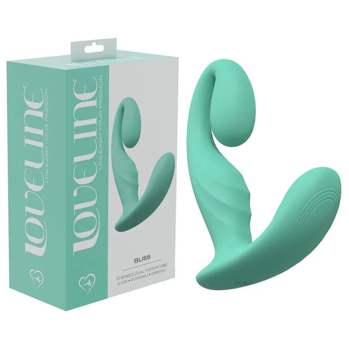 Loveline Bliss Mini Vibrator in Green, mint retail box beside the wearable dual-motor vibe