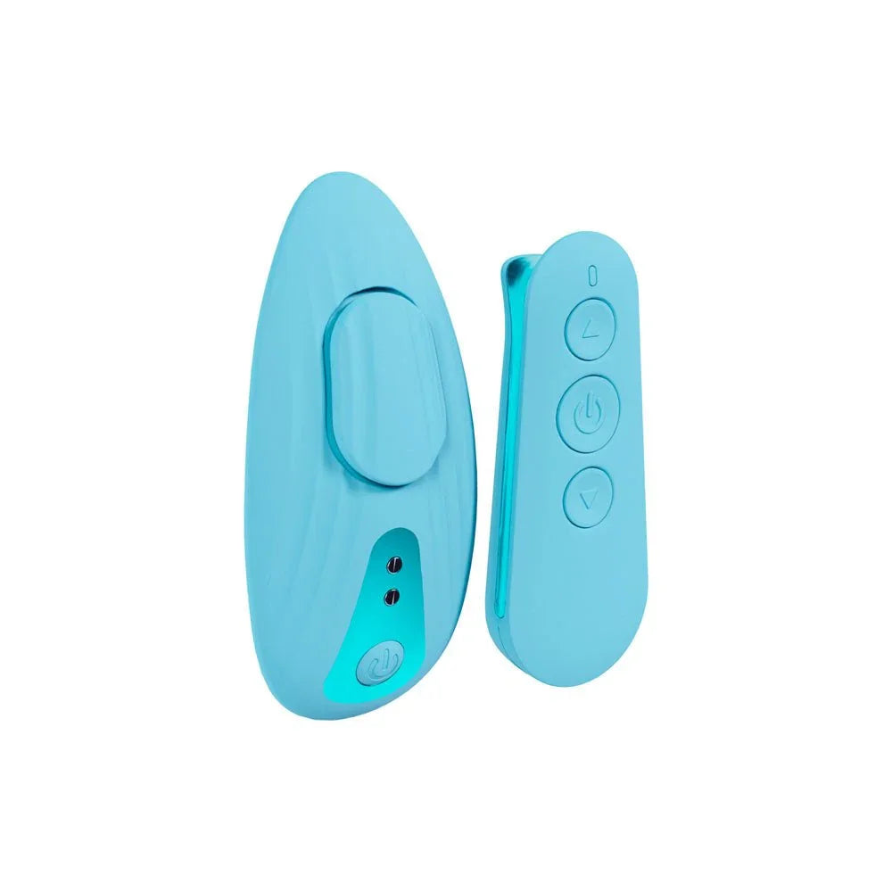 Loveline Celeste Panty Vibrator in Blue, the contoured panty vibe beside its oval wireless remote