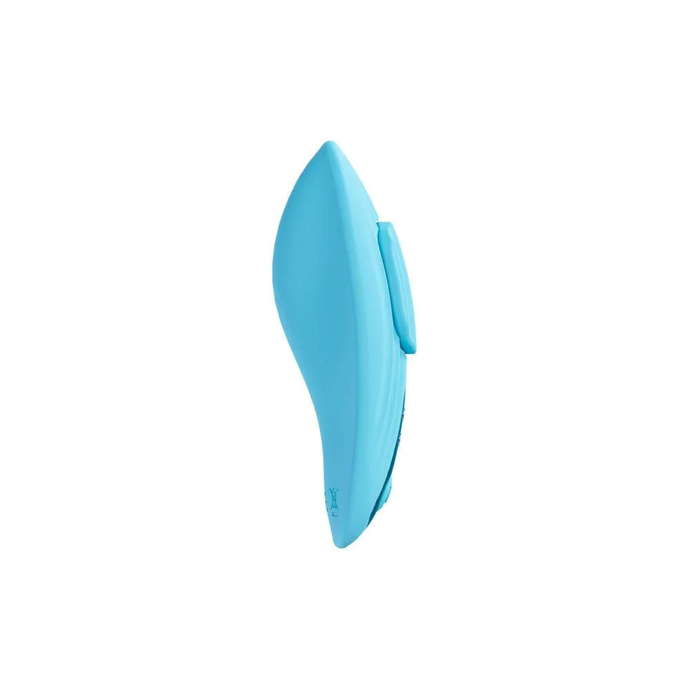 Loveline Celeste Panty Vibrator in Blue, side profile showing the wing shape and the panty clip