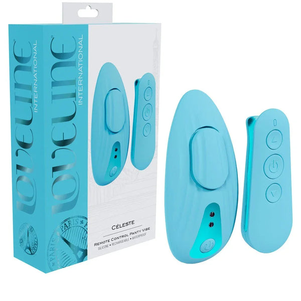 Loveline Celeste Panty Vibrator in Blue, retail box with the panty vibe and its wireless remote