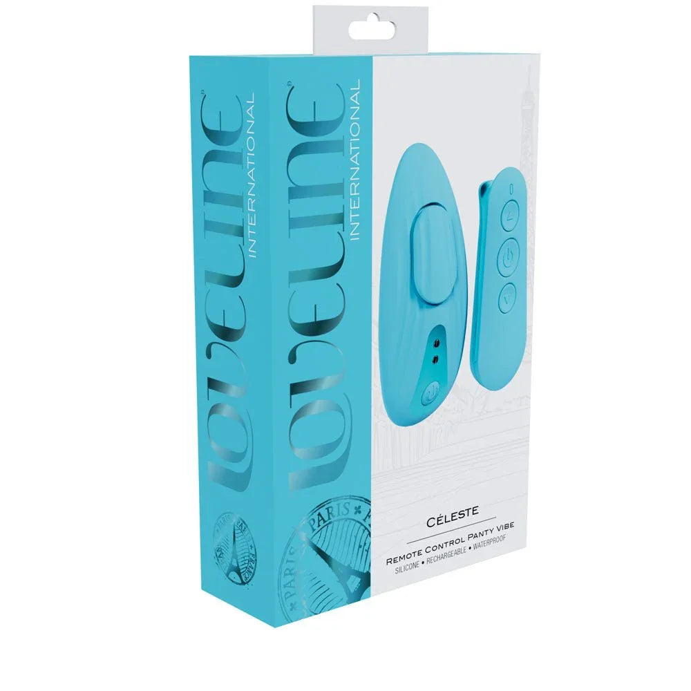 Loveline Celeste Panty Vibrator in Blue, front of the blue Loveline Celeste retail box