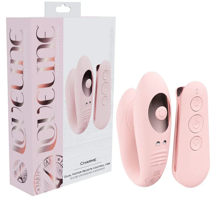 Loveline Charme Dual Motor Vibrator in Pink, retail box with the wearable vibe and remote control
