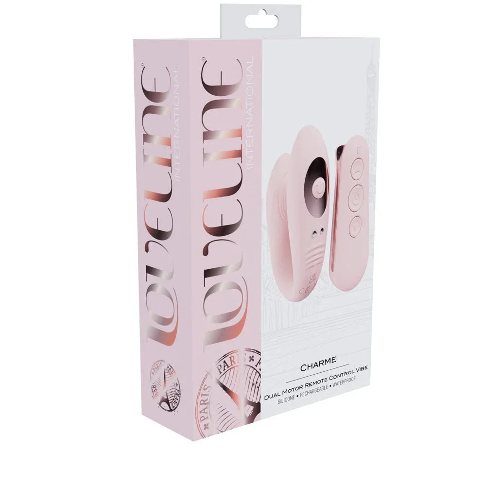 Loveline Charme Dual Motor Vibrator in Pink, front of the blush-pink Loveline Charme retail box