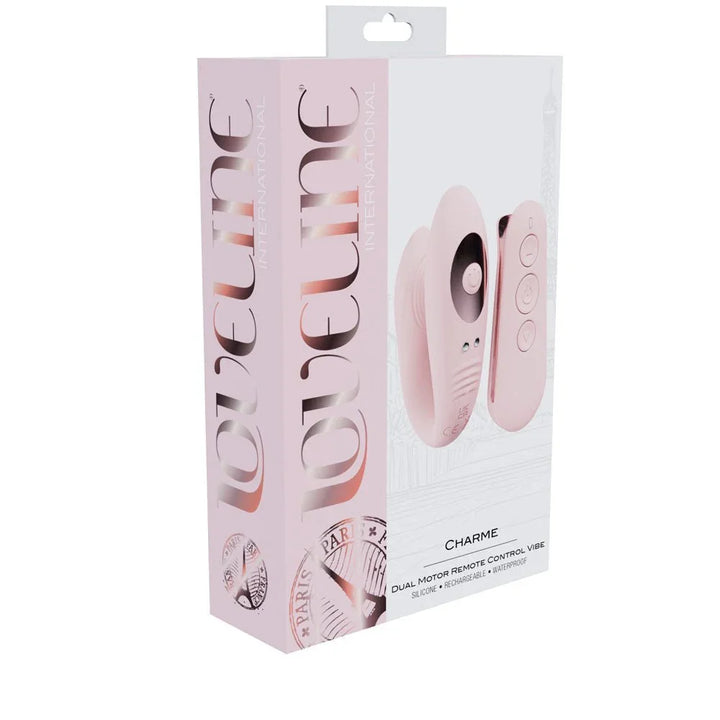 Loveline Charme Dual Motor Vibrator in Pink, front of the blush-pink Loveline Charme retail box