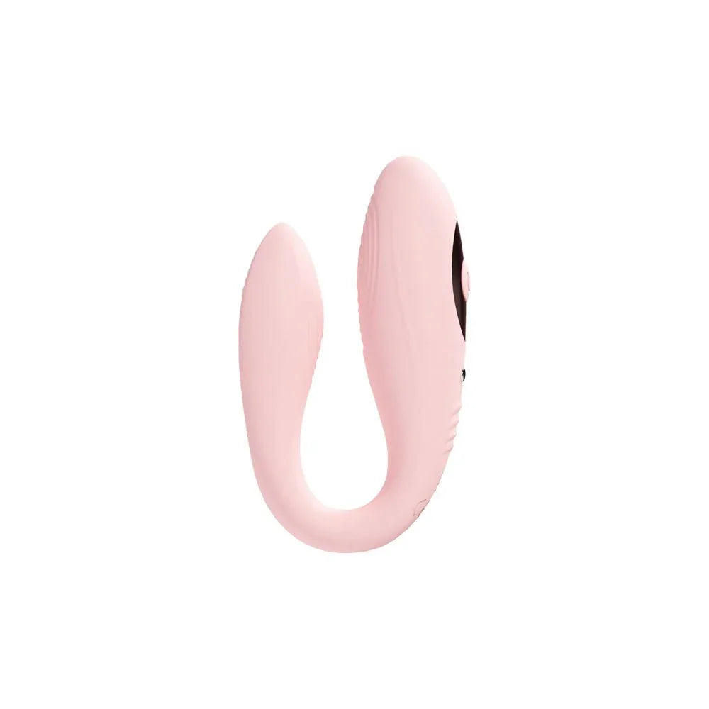Loveline Charme Dual Motor Vibrator in Pink, the U-shaped couples vibe on white showing both arms